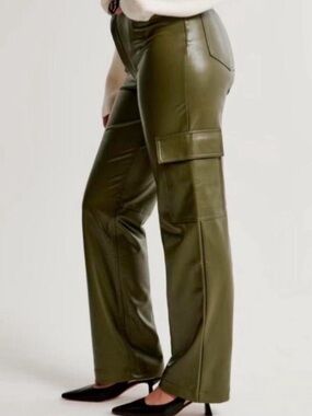 Abercrombie & Fitch Olive Faux-Leather Wide-Leg Cargo Pants